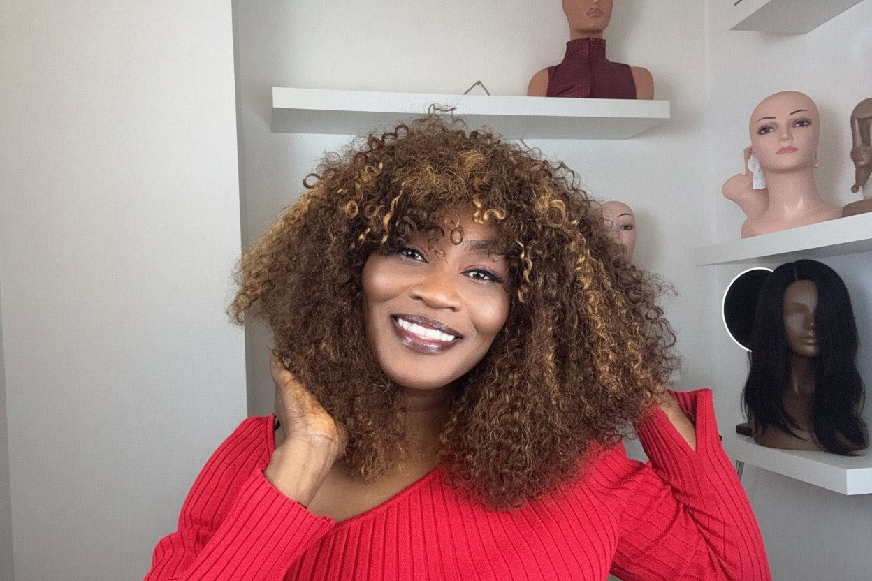Woman in a red sweater posing with curly hair, with a mannequin head in the background.
